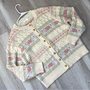 Cottagecore Granny Cardigan Sweater floral striped womens Cream (one size) retro